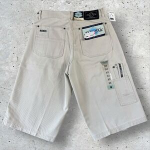 Vintage NOS Pelle Pelle Embroidered Khaki Denim Carpenter Shorts Sz 32 Baggy Y2K